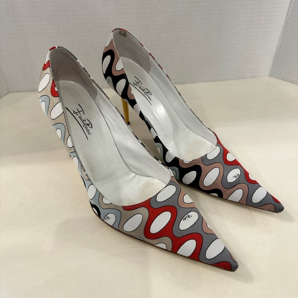 Emilio Pucci Red and Gray Polka Dot Heels